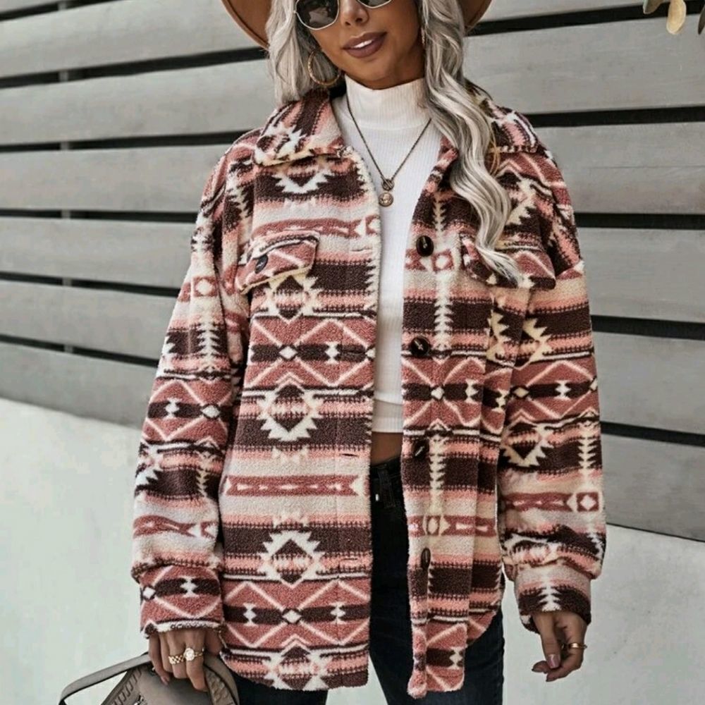Geo Pattern Drop Shoulder Fleece Coat - Picture 6 of 8